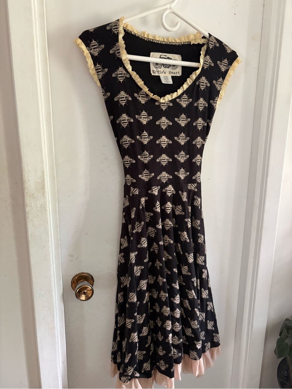 Retro Effie's Heart Black Bee-Print Fit & Flare Swing Dress with Cream Trim